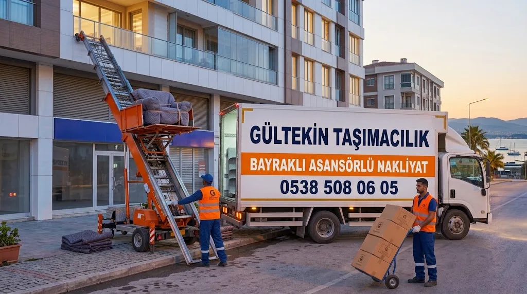 Bayraklı asansörlü evden eve nakliyat Bayraklı asansörlü evden eve nakliyat - dış cephe asansörüyle eşya indirme